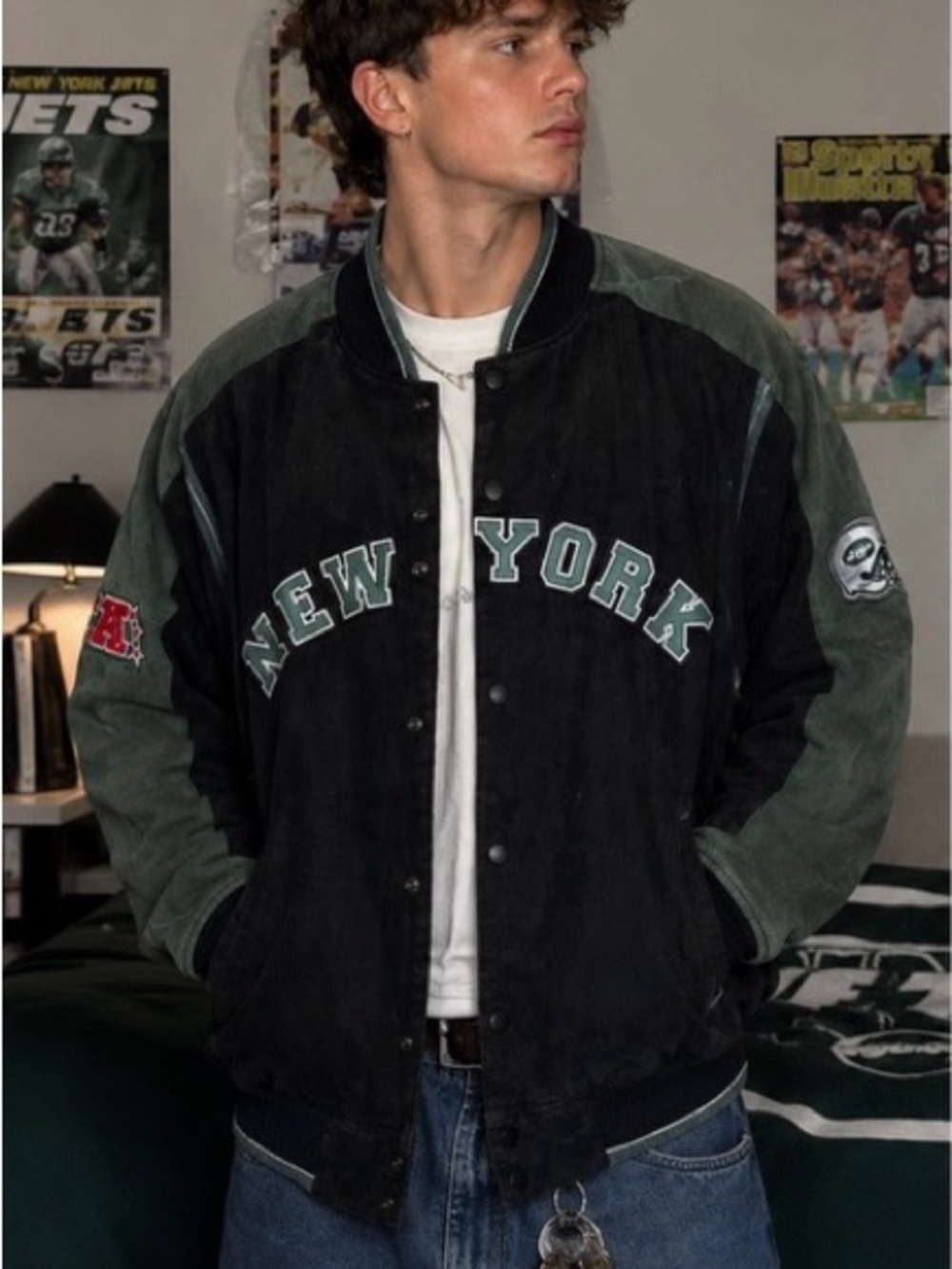 New York Jets VINTAGE Two-Tone Varsity Jacket - Black & Forest Green
